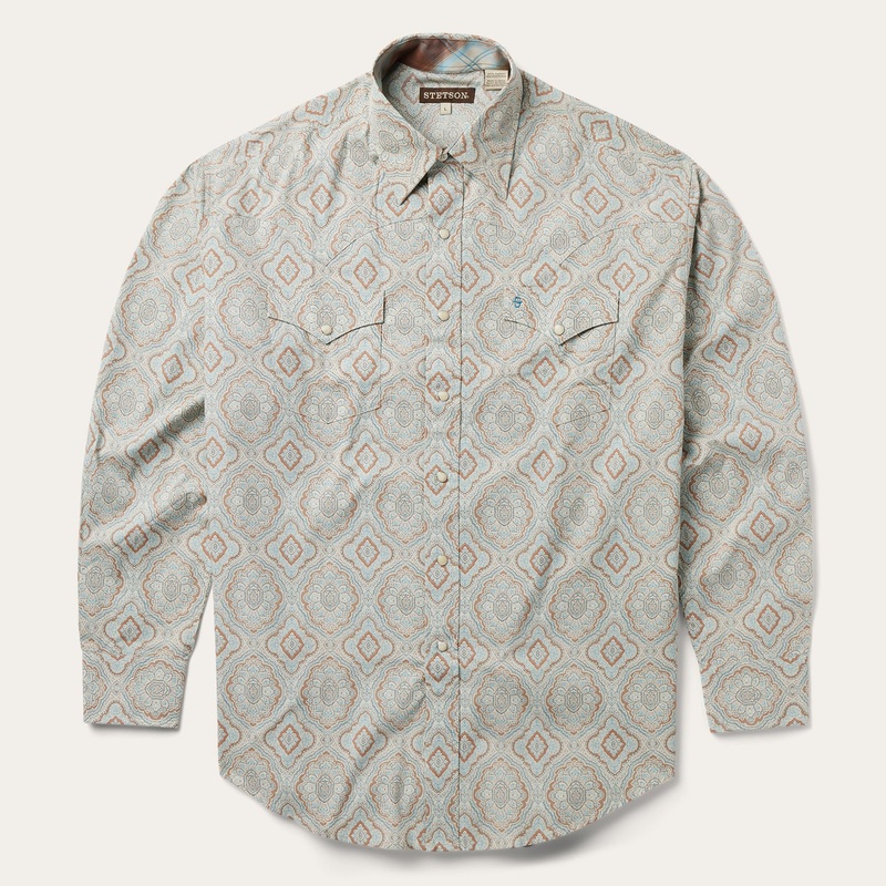 Aqua Paisley Print Western Shirt Green S