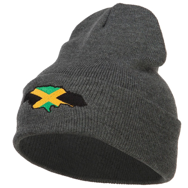 Jamaica Flag Map Embroidered Long Beanie Dk Grey One Size