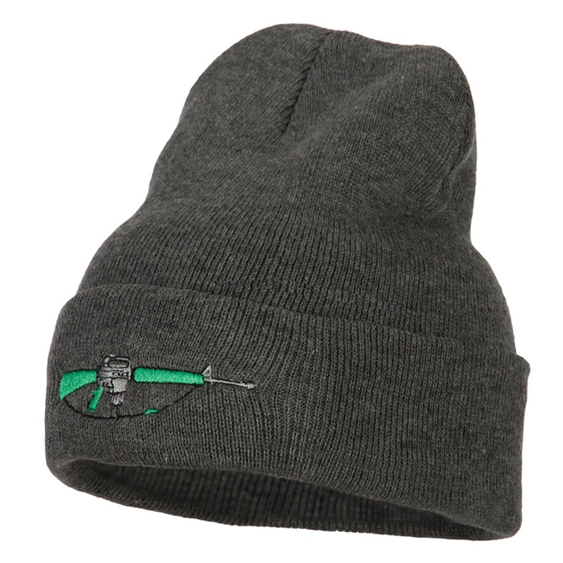 M-16 Rifle Embroidered Long Knitted Beanie Dk Grey One Size