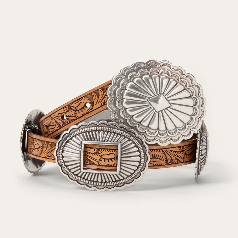 Southwestern Tooled Concho Belt Brown S