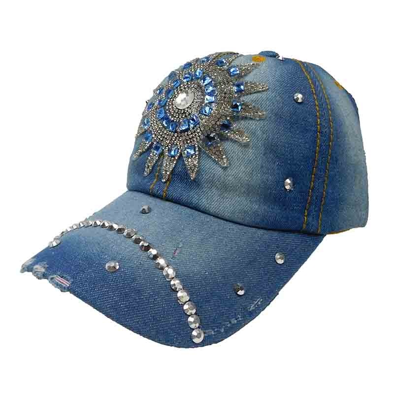 Sun Rhinestone Studded Baseball Cap Blue