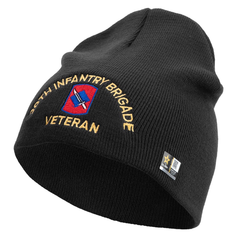 U.S. Army 39th Infantry Brigade Symbol Embroidered 8 Inch Solid Knit Short Beanie Made in USA Black One Size