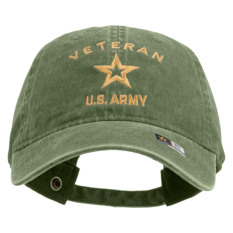 U.S. Army Veteran Military Embroidered Washed Solid Pigment Dyed Cotton Twill Brass Buckle Cap Olive One Size