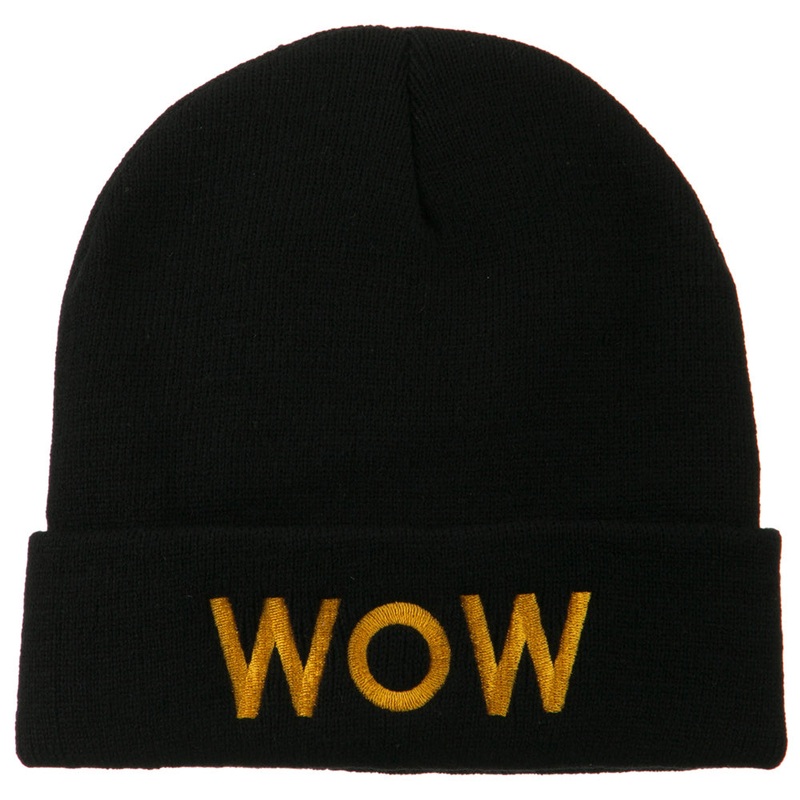 Wow Embroidered Long Knit Beanie Black One Size