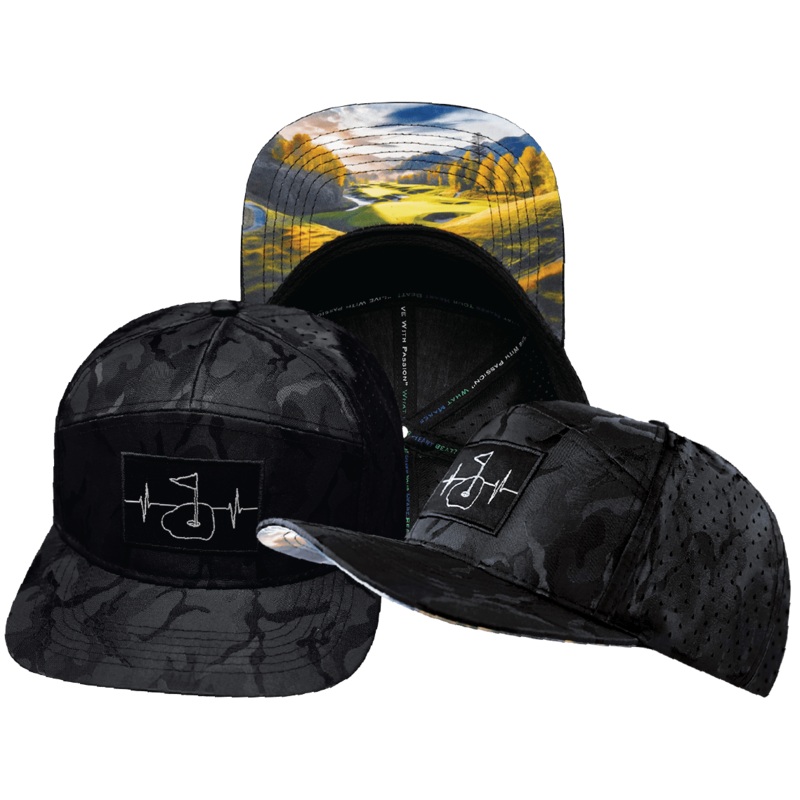 Golf Hat – Flat Bill – Black Camo – Laser Mesh