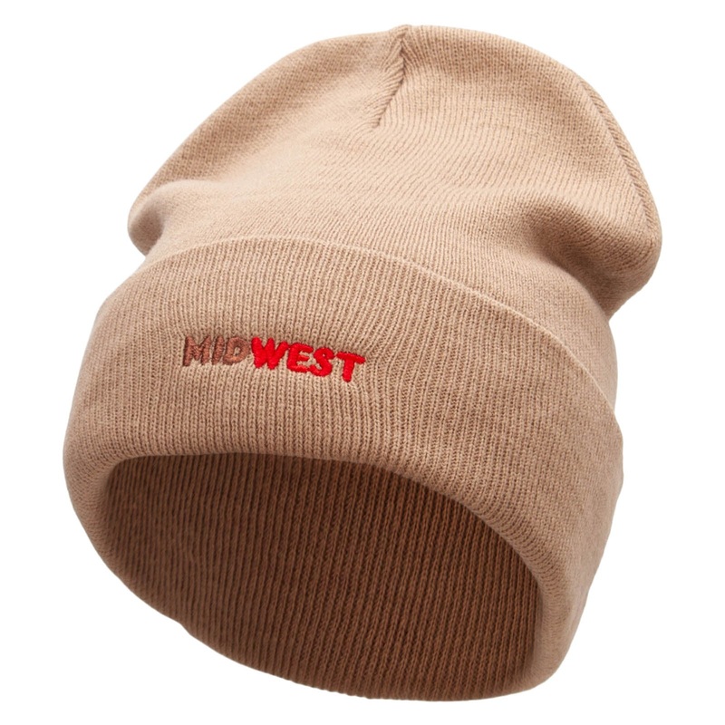Midwest Embroidered 12 Inch Acrylic Cuff Long Beanie Khaki One Size