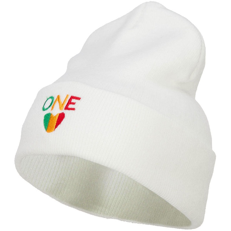 Rasta One Love Embroidered Long Beanie White One Size