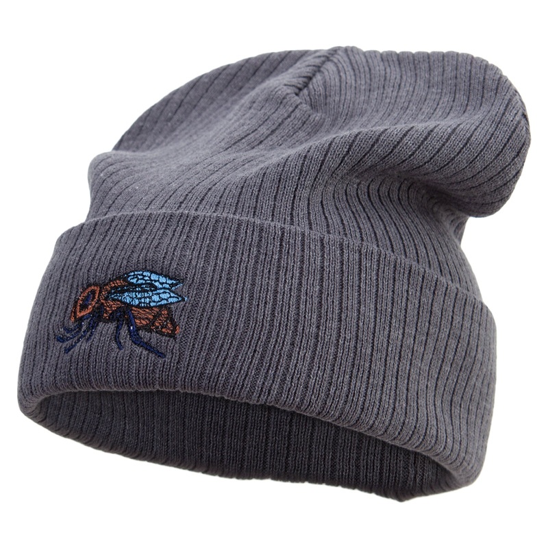 Realistic Bee Embroidered Big Size Cuff Long Beanie Charcoal XL-3XL
