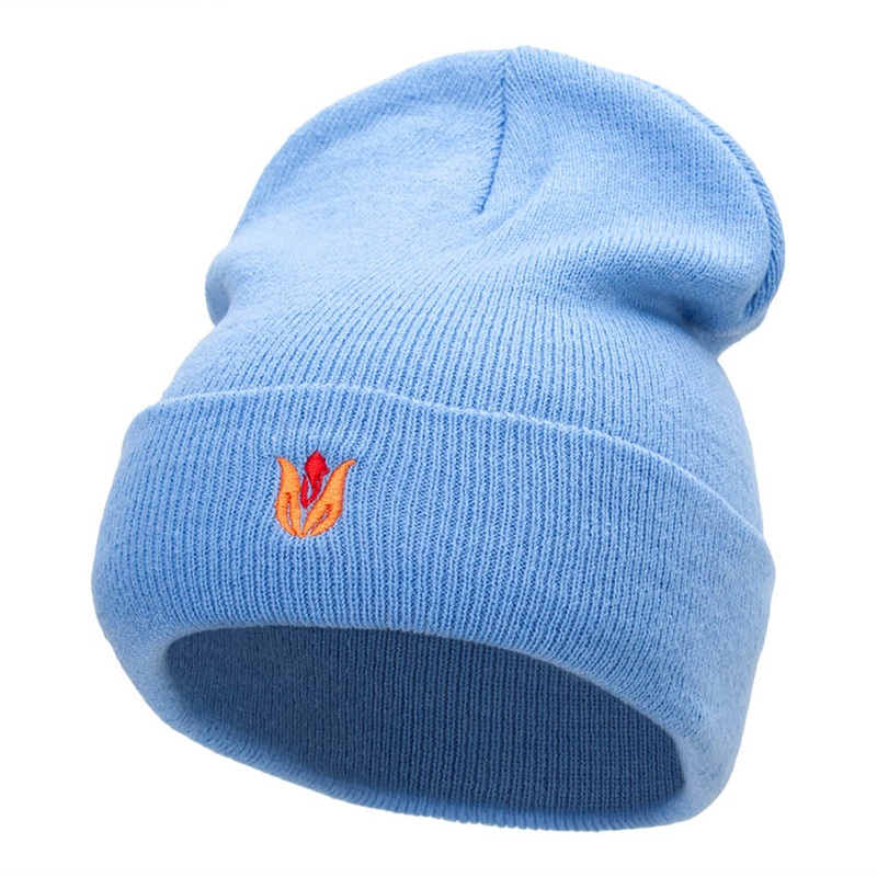 Tulip Flower Embroidered 12 Inch Knitted Long Beanie Sky Blue One Size