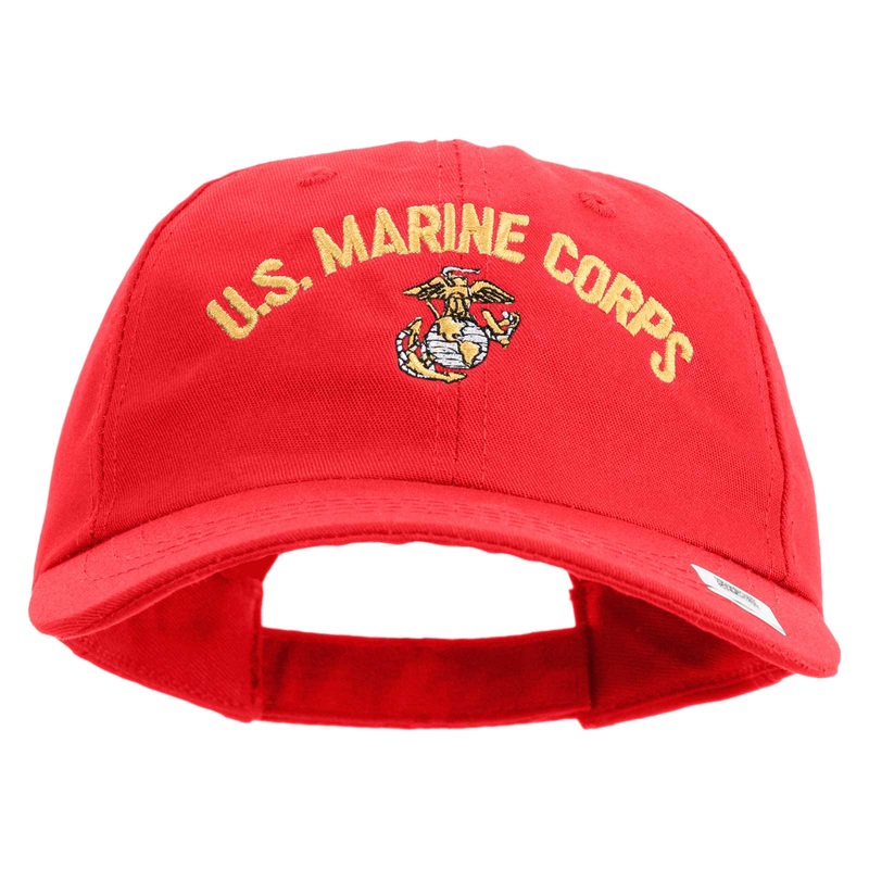 US Marine Corps Emblem Design Embroidered 6 Panel Unstructured Cotton Twill Cap Made in USA Red One Size