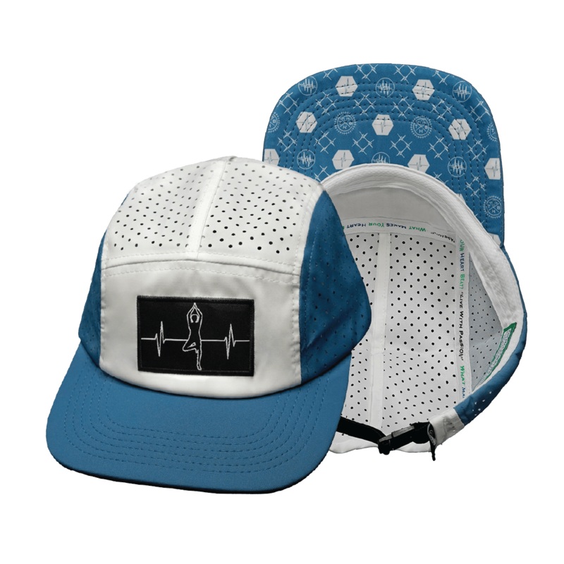 Yoga Hat – 5 Panel – Ponytail – Light Blue / White – Laser Mesh