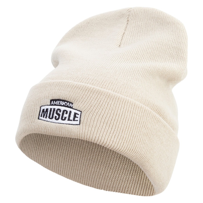 American Muscle Badge Embroidered 12 Inch Long Knitted Beanie Birch One Size