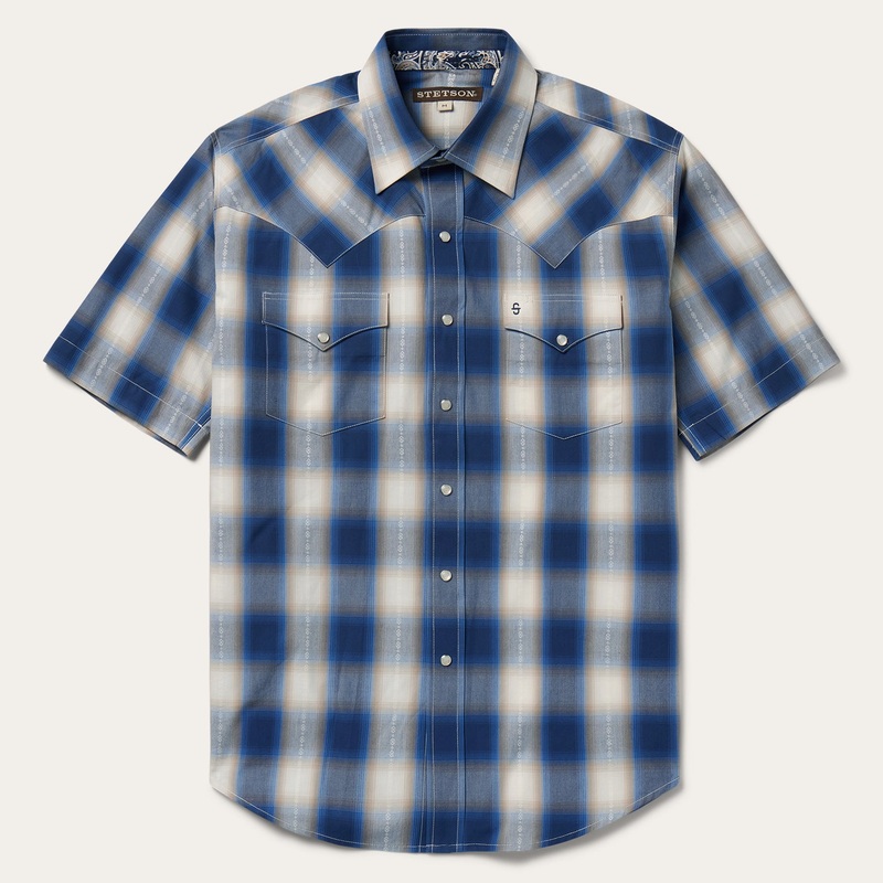Blue Ombre Plaid Short Sleeve Western Shirt Blue S
