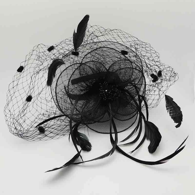 Dotted Veil Horsehair Fascinator with Feather Detail Black