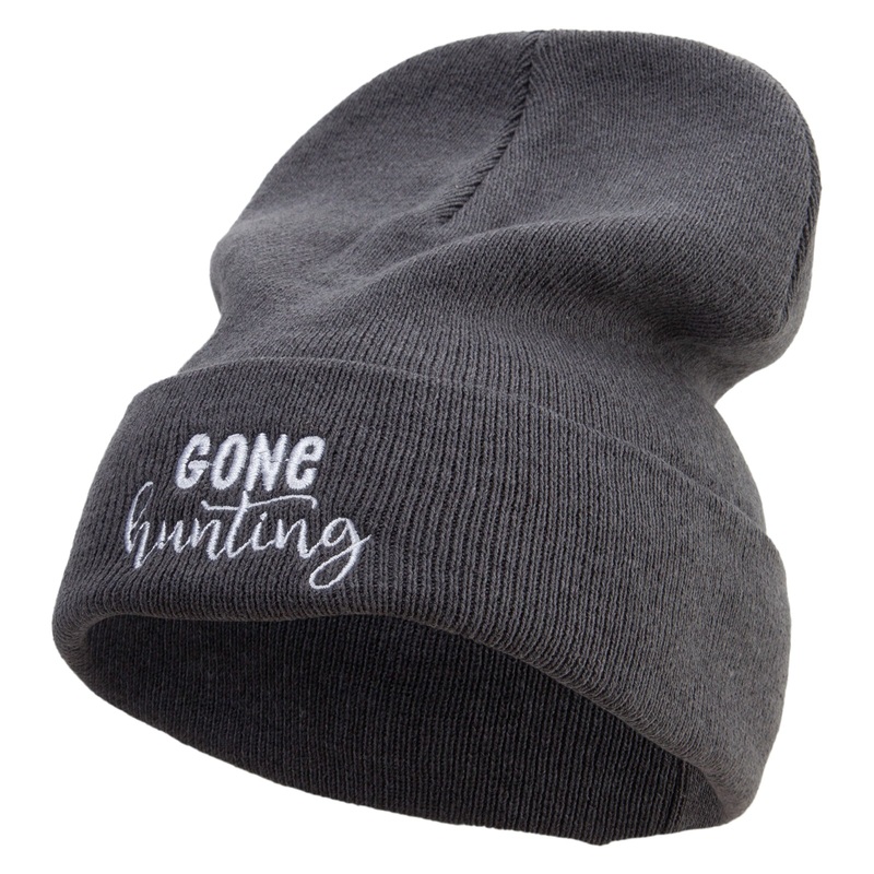 Gone Hunting Embroidered Big Size Superior Cotton Long Knitting Beanie Grey XL-3XL
