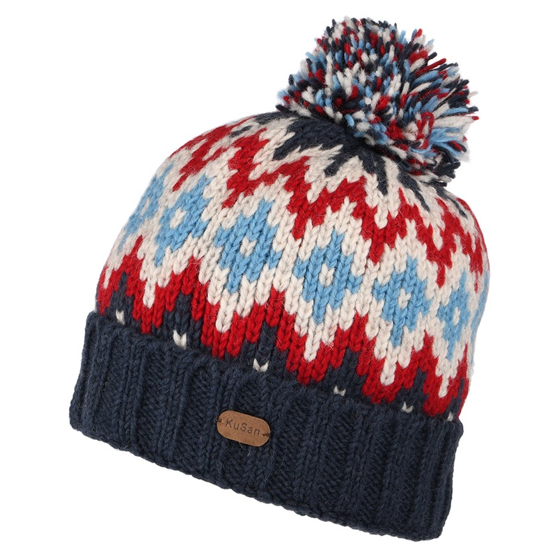 Kusan Diamond Turn Up Bobble Hat – Navy-Red-Cream 1-Size