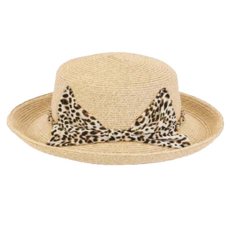 Large Heads Classy Up Brim Hat with Chiffon Leopard Tie – Sun ‘N’ Sand Hats Natural Large (59 cm)