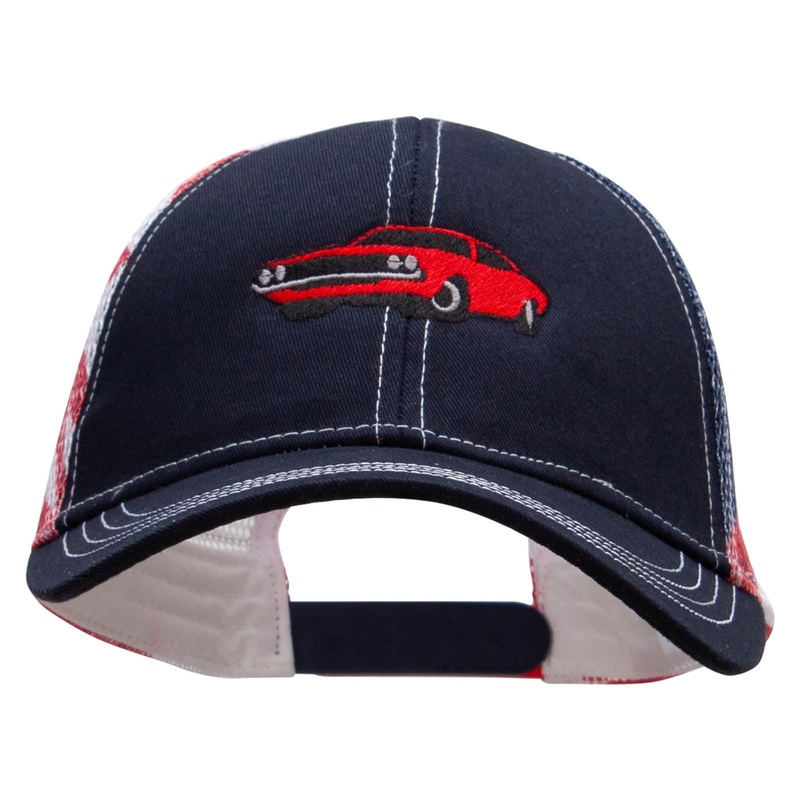 Red American Muscle Car USA Flag Cotton Twill Mesh Cap Flag One Size