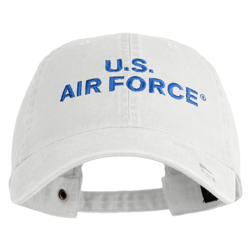 US Air Force Text Embroidered Washed Solid Pigment Dyed Cotton Twill Brass Buckle Cap White One Size