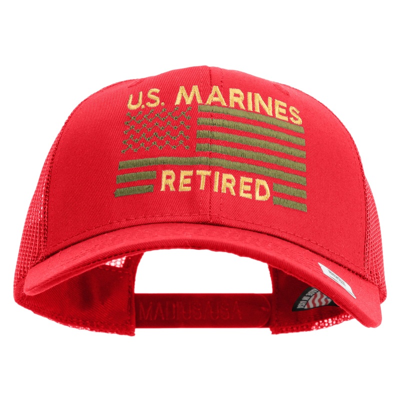 US Marines Retired Flag Design Embroidered 6 Panel Structured Cotton Twill Mesh Cap Made in USA Red One Size