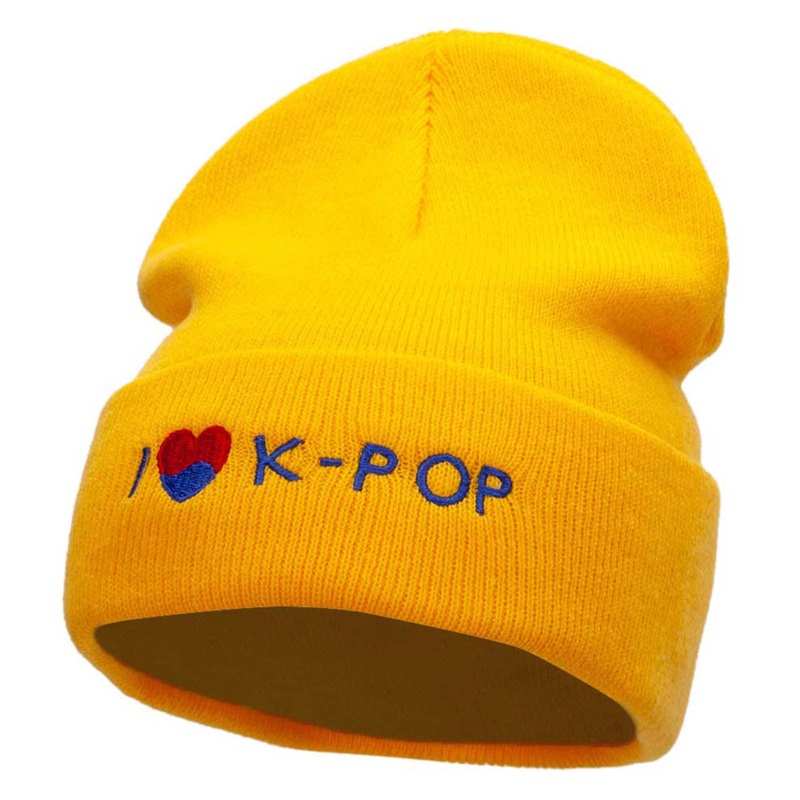I Love K-Pop Embroidered 12 Inch Long Knitted Beanie Yellow One Size