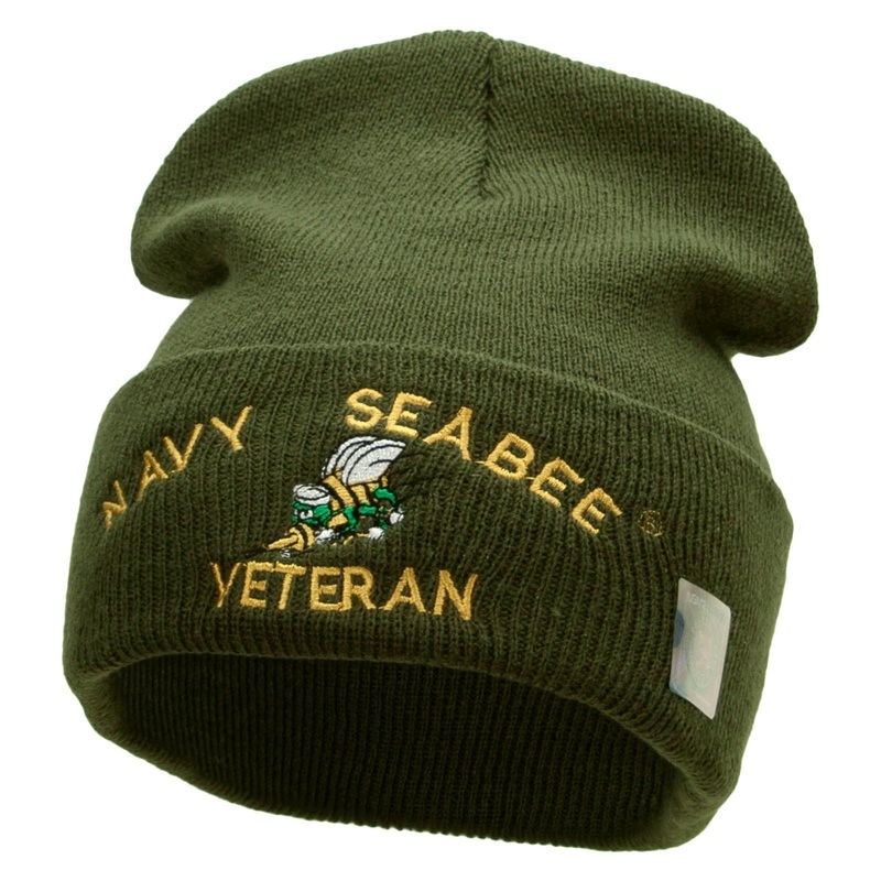 Navy Seabee Veteran Logo Embroidered Long Beanie Made in USA Olive One Size