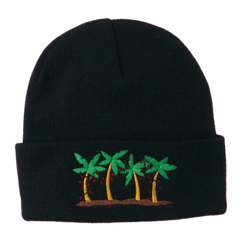 Palm Trees Christmas Lights Embroidered Beanie Navy One Size