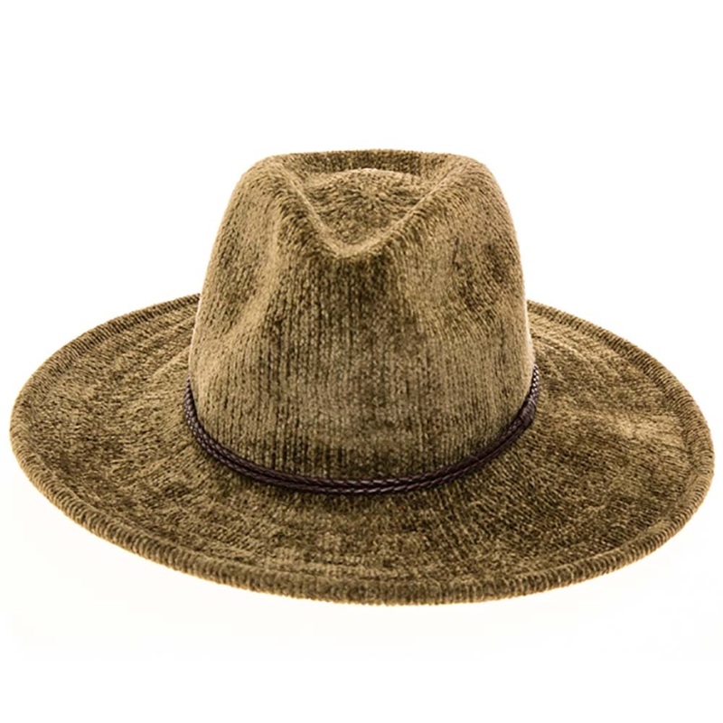 Knit Chenille Safari Hat with Braided Leather Band – Boardwalk Hats Olive OS