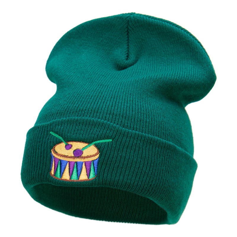 Mardi Gras Drum Embroidered Long Knitted Beanie Dk Green One Size