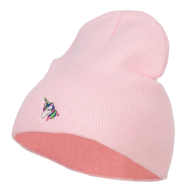 Mini Unicorn Embroidered Short Beanie Pink One Size