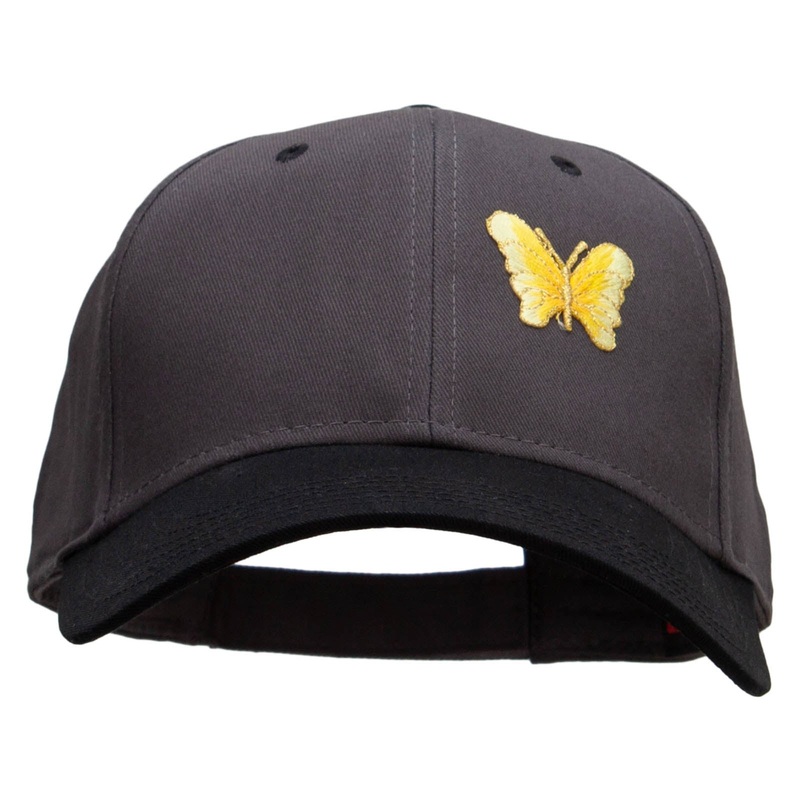 Small Yellow Decorative Butterfly Patched Two Tone Cotton Twill Low Profile Strap Cap Black Charcoal One Size