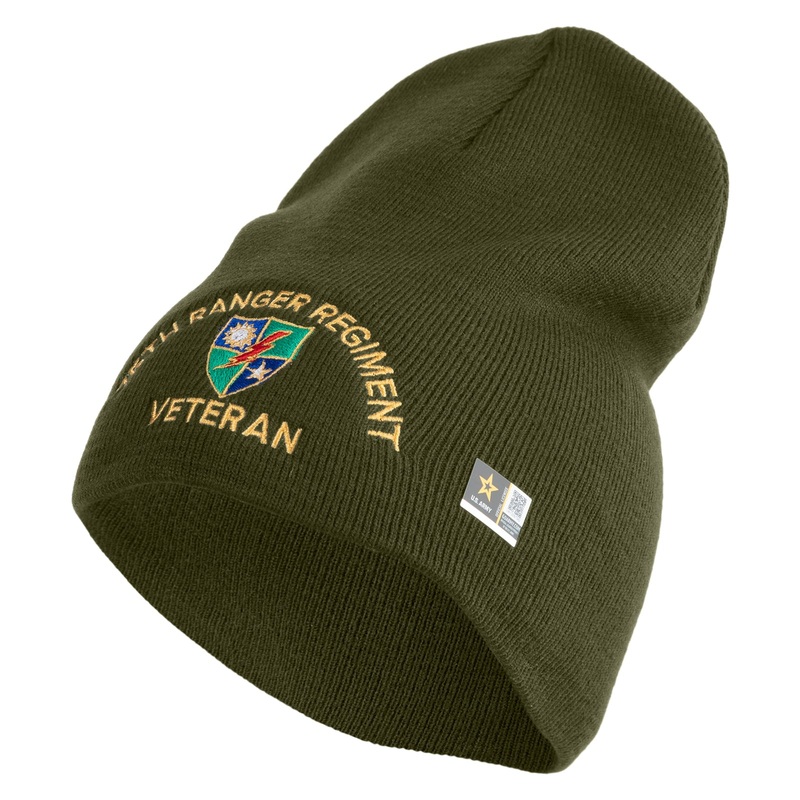 U.S. Army 75 Ranger Regiment Symbol Embroidered 8 Inch Solid Knit Short Beanie Made in USA Olive One Size