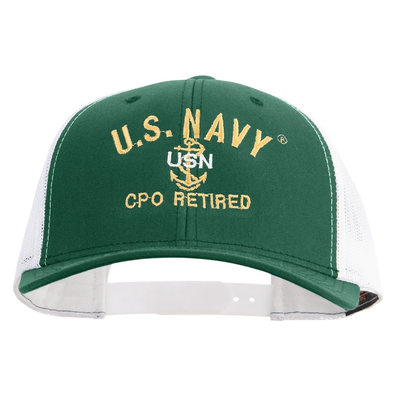 US Navy USN CPO Retired Embroidered Contrast Trucker Cap Evergreen White One Size