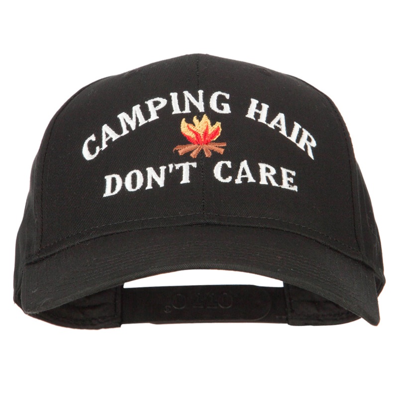Camping Hair Don’t Care with fire Embroidered Solid Cotton Pro Cap Black One Size