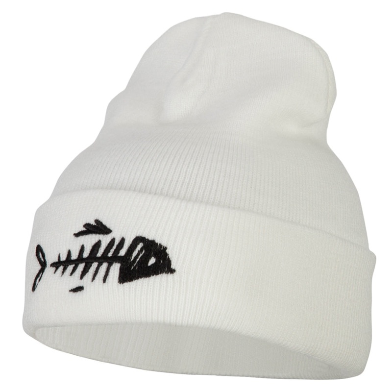 Fish Bone Embroidered Knitted Long Beanie White One Size