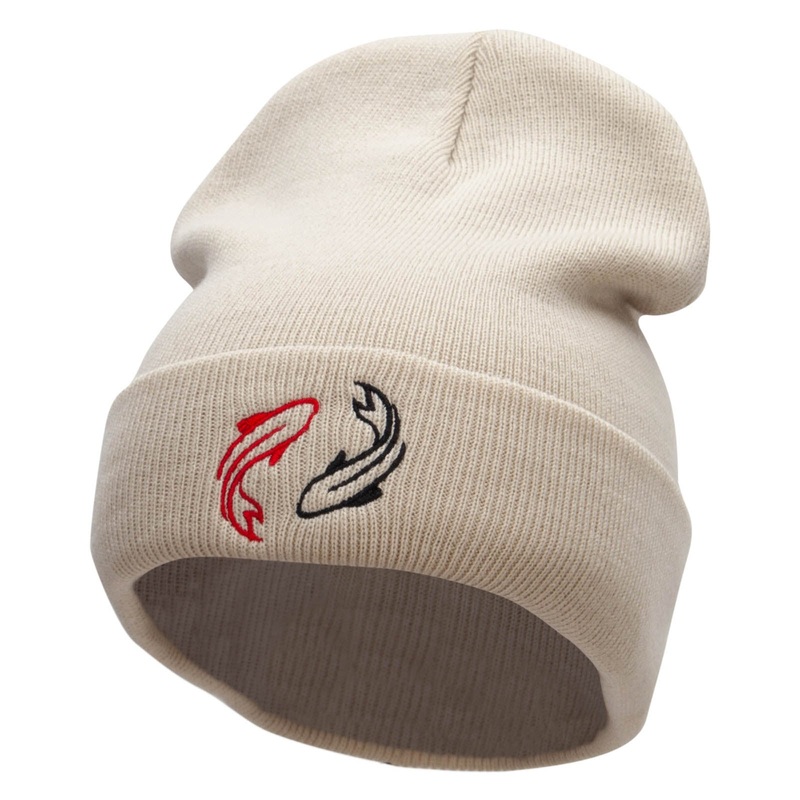 Two Koi Fish Embroidered 12 Inch Long Knitted Beanie Birch One Size