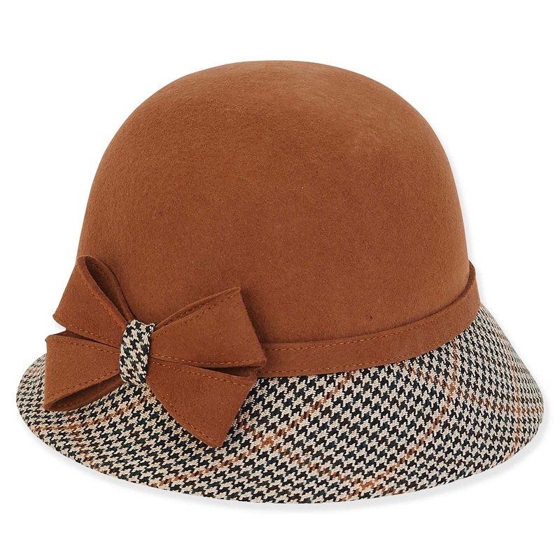 Adora Wool Hat – Wool Felt Cloche with Houndstooth Brim Brown OS
