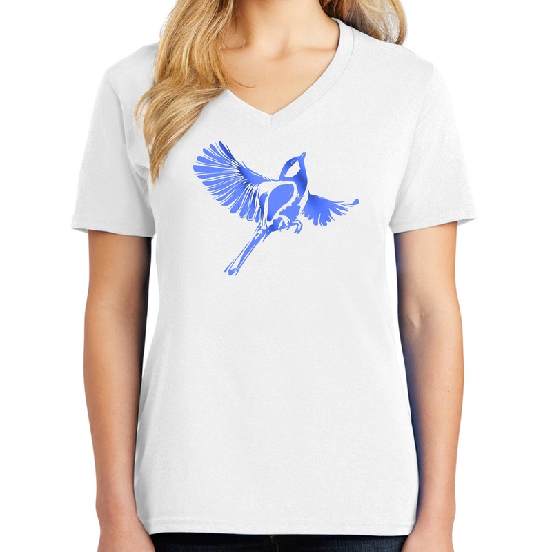 Blue Bird Logo Graphic Design Ladies Big Size Core Cotton V neck T-Shirt White XS