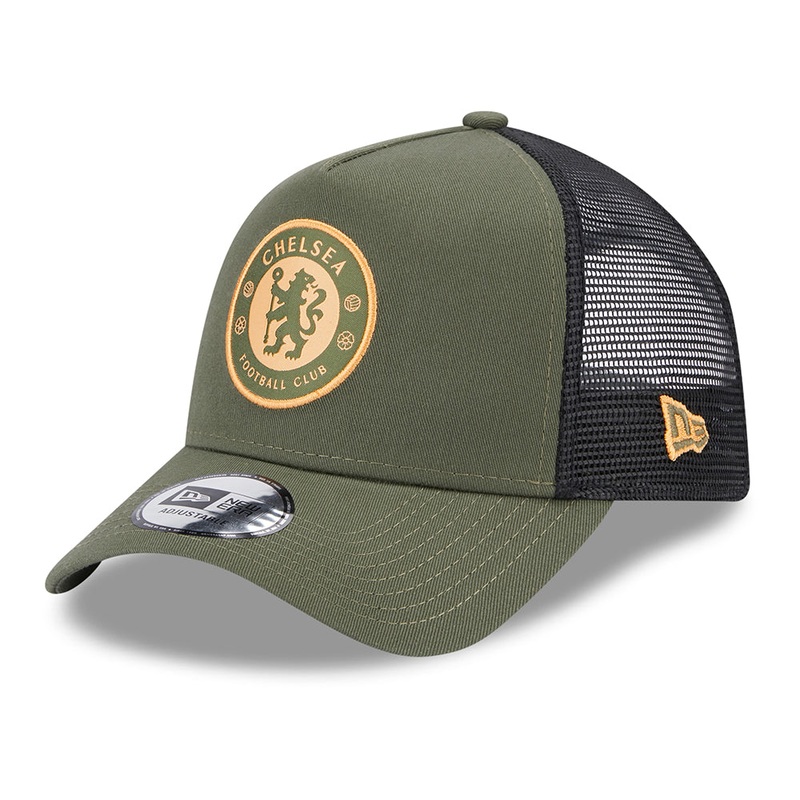 New Era Chelsea FC A-Frame Trucker Cap – Seasonal Lion Crest – Olive-Black Adjustable