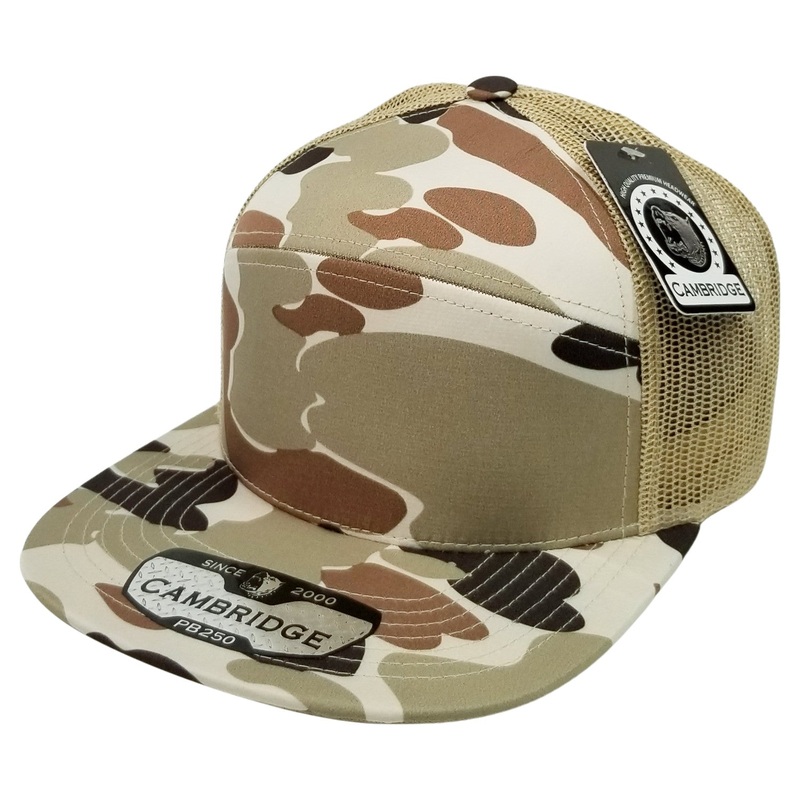 Pit Bull Cambridge PB250 7 Panel Hat Shiny Camo Camper Mesh Trucker Cap Beige Khaki