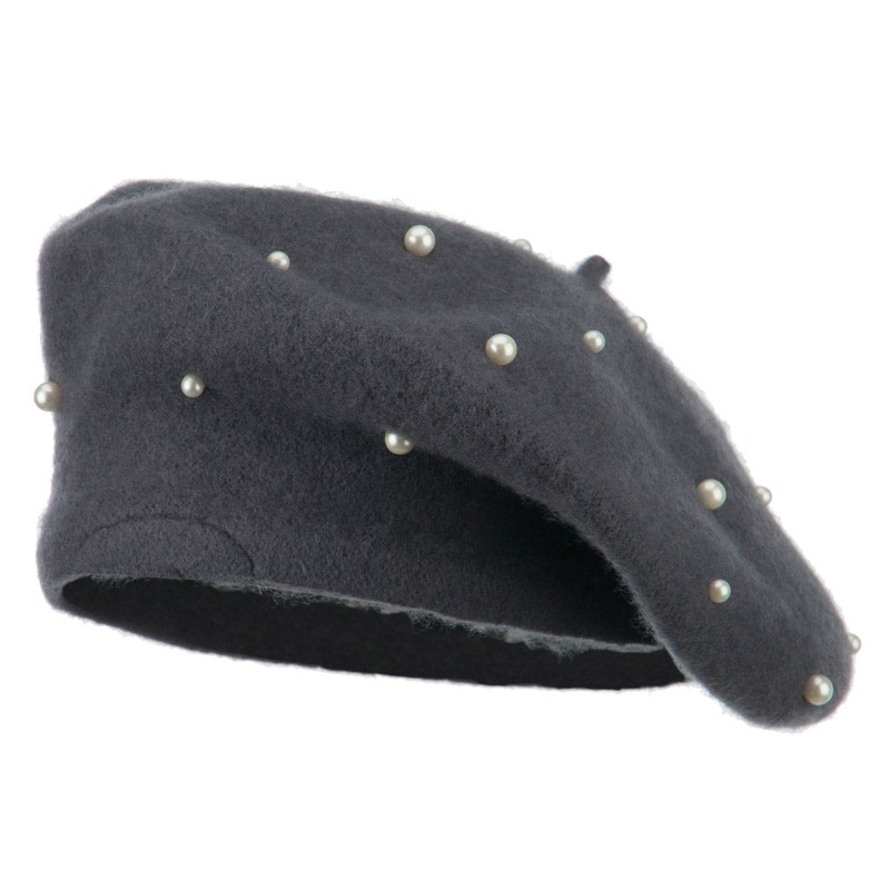 Women’s Fake Pearl Accents Beret Grey One Size