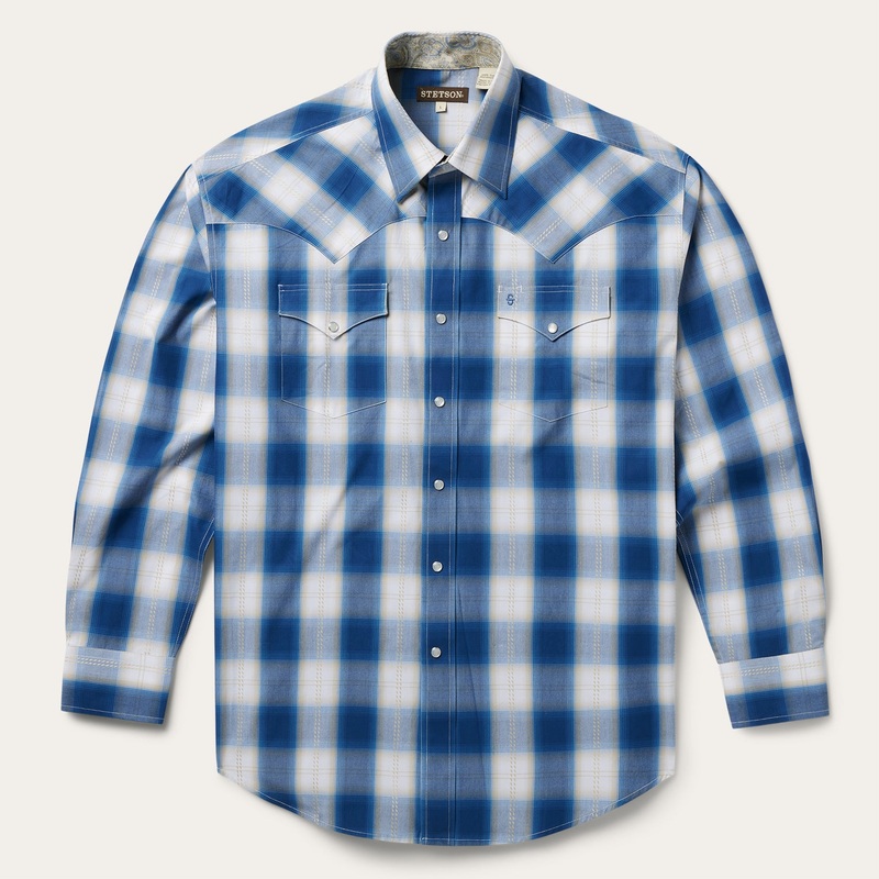 Navy Gold Ombre Plaid Western Shirt Blue S