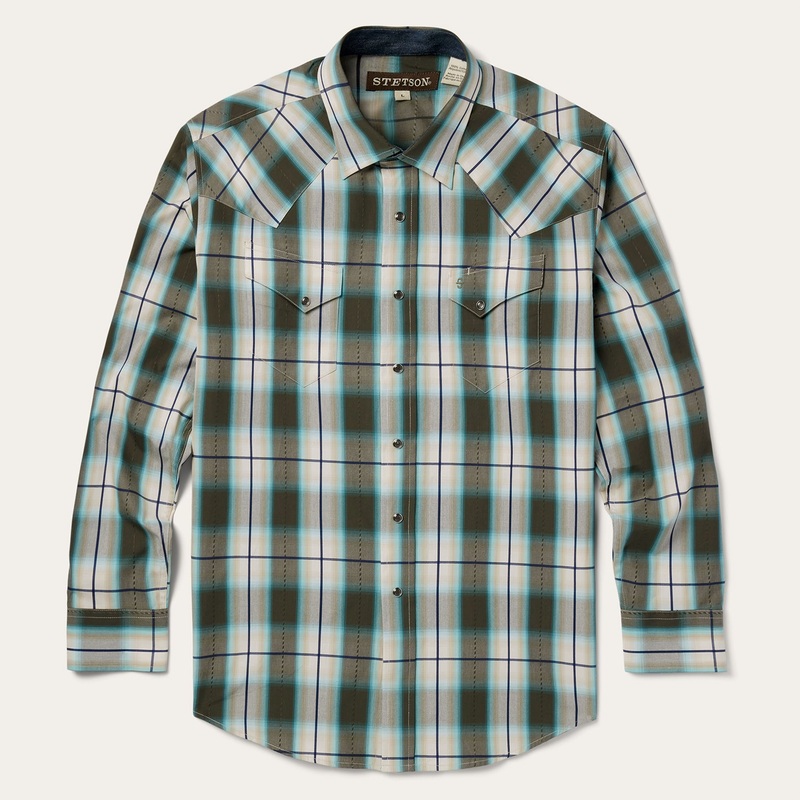 Olive Ombre Plaid Western Shirt Green S