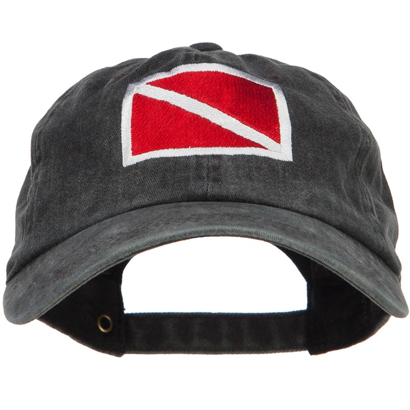 Scuba Dive Flag Embroidered Washed Dyed Cotton Cap Black One Size