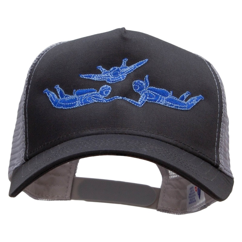 Sky Divers Embroidered 5 Panel High Profile Poly Cotton Twill Mesh Trucker Cap Charcoal Grey One Size