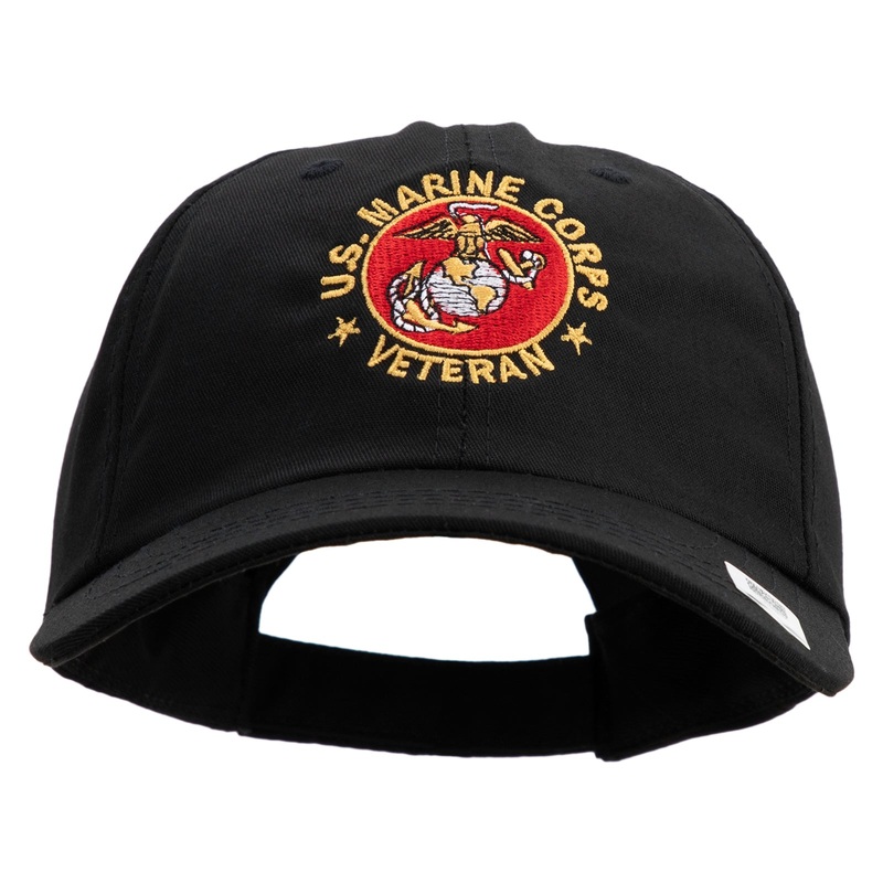 US Marine Corps Veteran Emblem Embroidered 6 Panel Unstructured Cotton Twill Cap Made in USA Black One Size