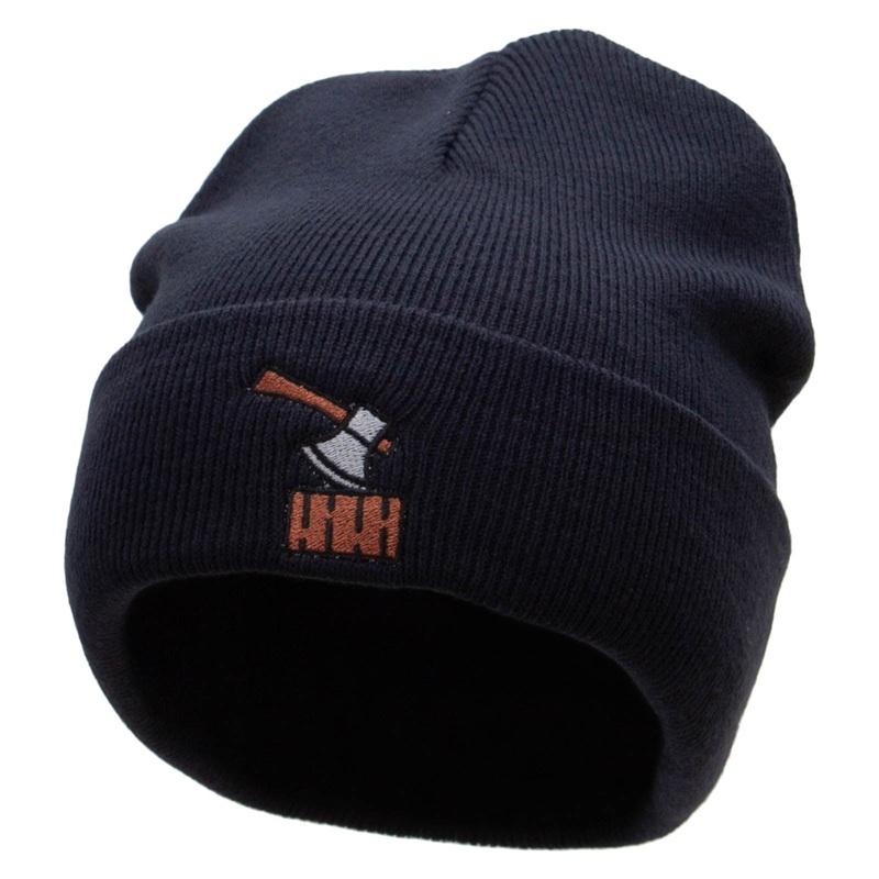 Axe on Wood Embroidered 12 Inch Long Knitted Beanie Black One Size