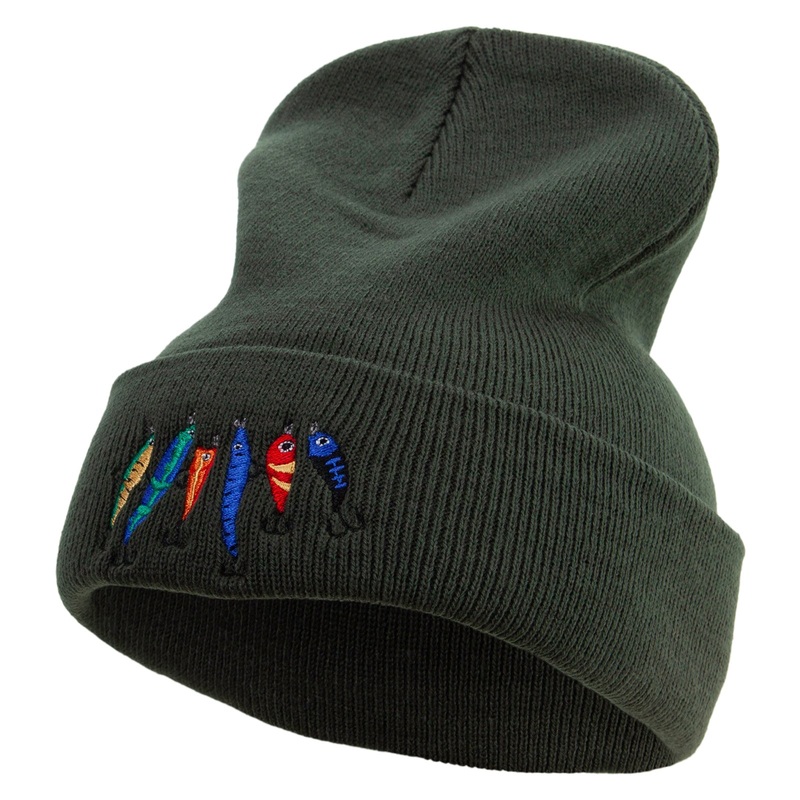 Colorful Fish Hook Embroidered 12 Inch Long Knitted Beanie Dk Green One Size