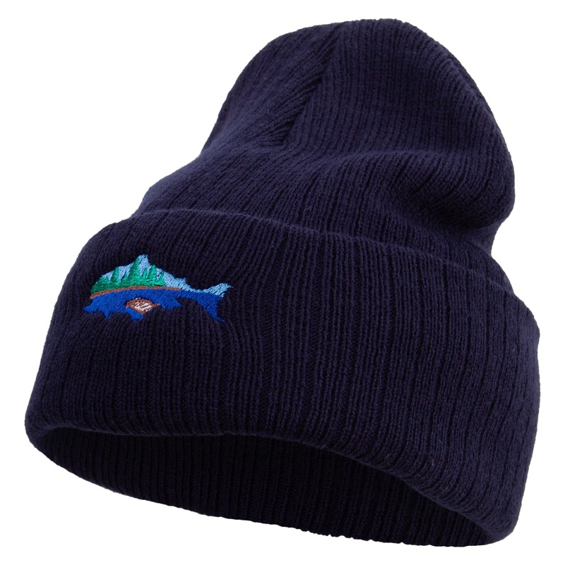 Made in USA Lake Fish Embroidered Heavy Ribbed Cuff Beanie Navy One Size