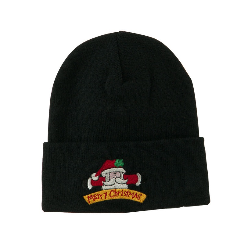 Merry Christmas Santa Claus Embroidered Beanie Black One Size